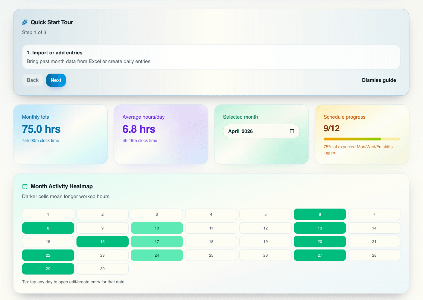 Generated timesheet PDF output preview (light theme)