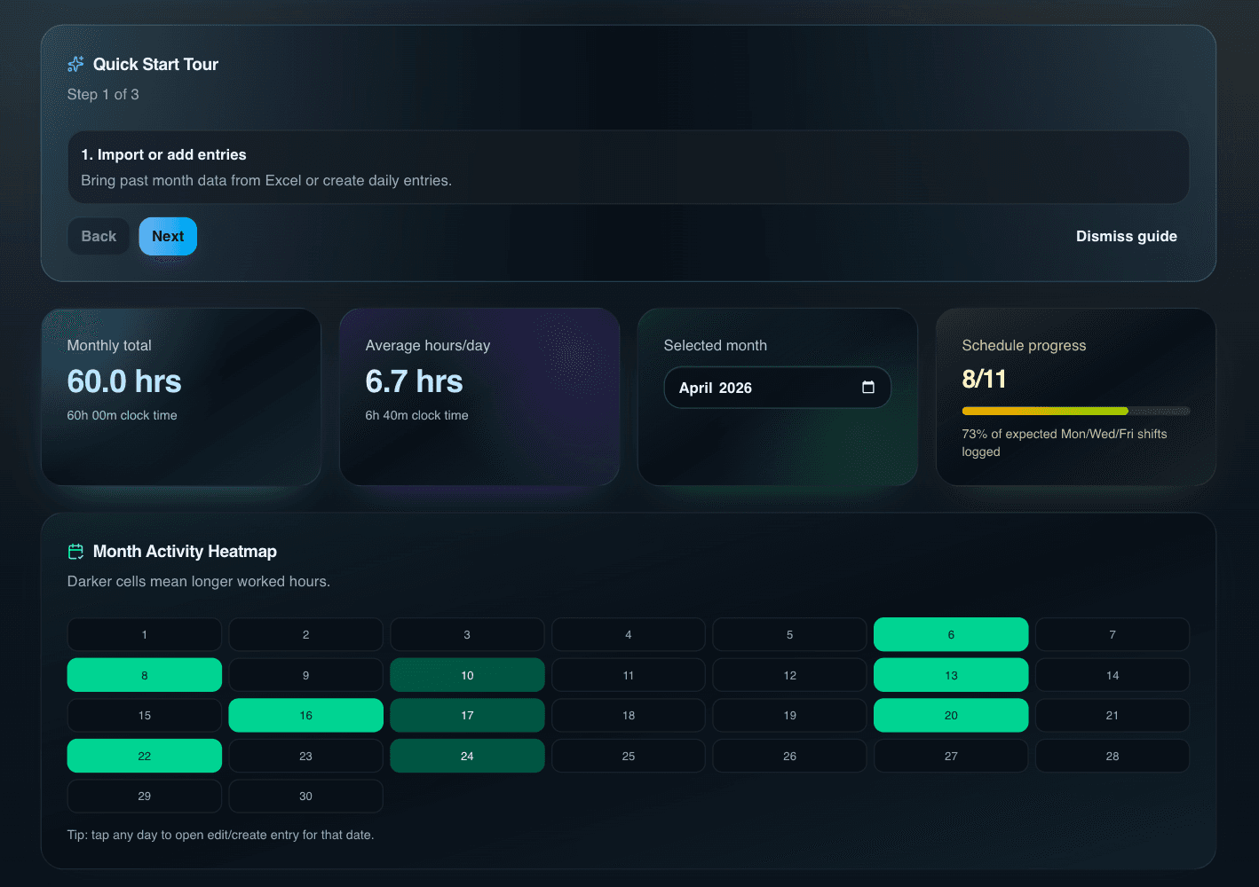 Generated timesheet PDF output preview (dark theme)