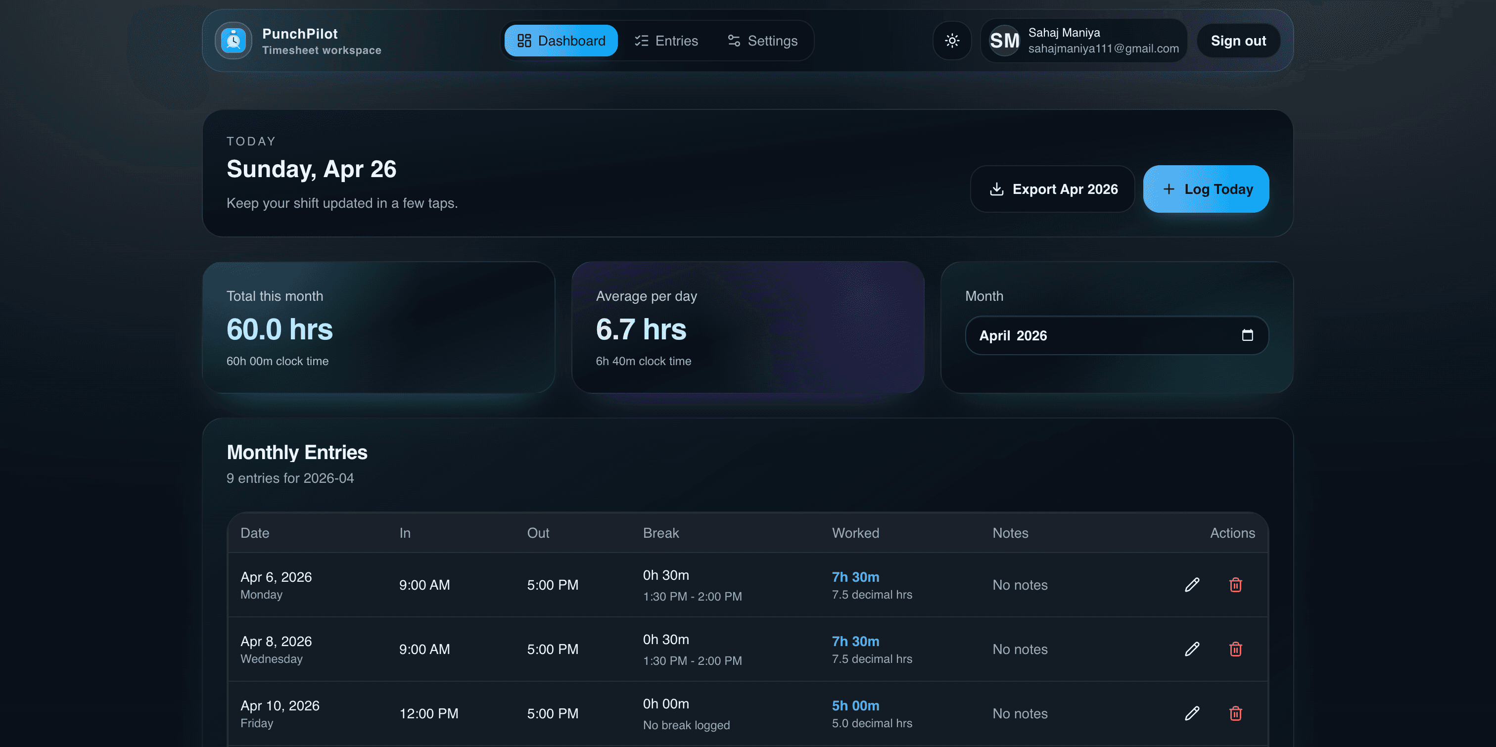 PunchPilot dashboard preview dark